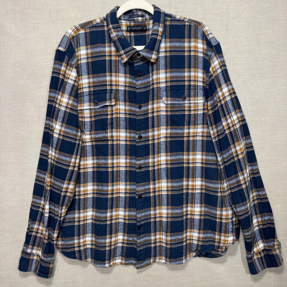 Lucky Brand Mens Plaid Flannel Shirt XXL Classic Fit Blue Yellow Cotton Heritage